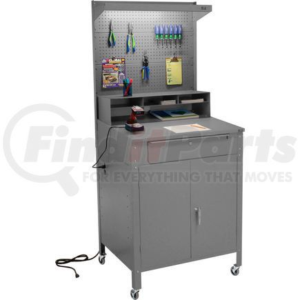 249509CGY by GLOBAL INDUSTRIAL - Mobile Cabinet Shop Desk with Pigeonhole Riser, Pegboard & Top Shelf 34-1/2"W x 30"D x 80"H - Gray