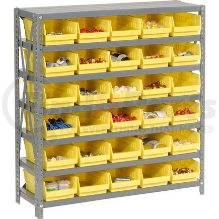 603435YL by GLOBAL INDUSTRIAL - Global Industrial&#153; Steel Shelving with 30 4"H Plastic Shelf Bins Yellow, 36x18x39-7 Shelves