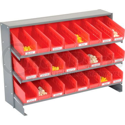 603424RD by GLOBAL INDUSTRIAL - Global Industrial&#153; 3 Shelf Bench Pick Rack - 24 Red Plastic Shelf Bins 4 Inch Wide 33x12x21