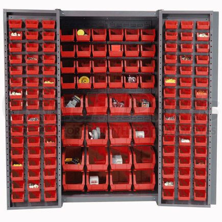 662134RD by GLOBAL INDUSTRIAL - Global Industrial&#153; Bin Cabinet Deep Door - 136 Red Bins, 16Ga. Assembled Cabinet 38 x 24 x 72