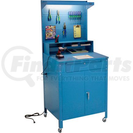 249509CBL by GLOBAL INDUSTRIAL - Mobile Cabinet Shop Desk with Pigeonhole Riser, Pegboard & Top Shelf 34-1/2"W x 30"D x 80"H - Blue