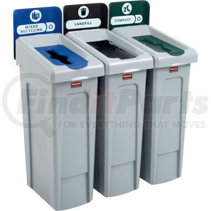 2007918 by RUBBERMAID - Rubbermaid&#174; Slim Jim Recycling Station, Landfill/Mixed Recycling/Compost, (3) 23 Gal. Cap.
