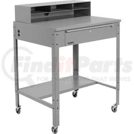 319392CGY by GLOBAL INDUSTRIAL - Shop Desk - Flat, with Pigeonhole Riser, Mobile Open Leg, 34.5" W x 30" D, Gray