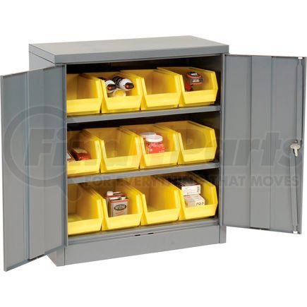 500434 by GLOBAL INDUSTRIAL - Locking Storage Cabinet 36"W X 18"D X 42"H With 12 Yellow Stacking Bins and 2 Shelves Assembled