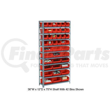 603243RD by GLOBAL INDUSTRIAL - Global Industrial&#153; Steel Open Shelving with 21 Red Plastic Stacking Bins 6 Shelves - 36x12x39