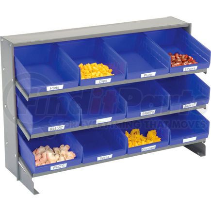 603423BL by GLOBAL INDUSTRIAL - Global Industrial&#153; 3 Shelf Bench Pick Rack - 12 Blue Shelf Bins 8 Inch Wide 33x12x21