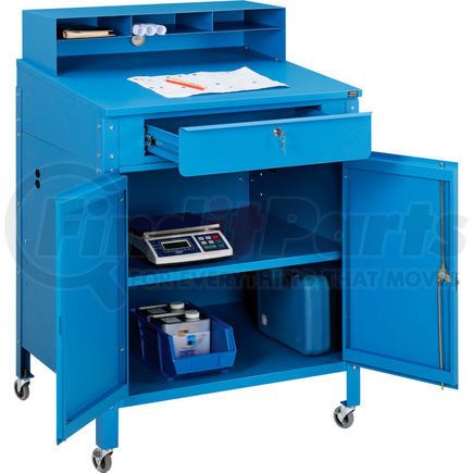 300912CBL by GLOBAL INDUSTRIAL - Mobile Cabinet Shop Desk with Pigeonhole Compartment Riser 34-1/2"W x 30"D x 51-1/2"H - Blue