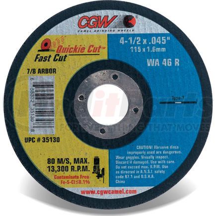 35130 by CGW ABRASIVE - CGW Abrasives 35130 Fast Cut Thin Cutting Wheel 4-1/2" x 0.045" x 7/8" Type 1 Aluminum Oxide