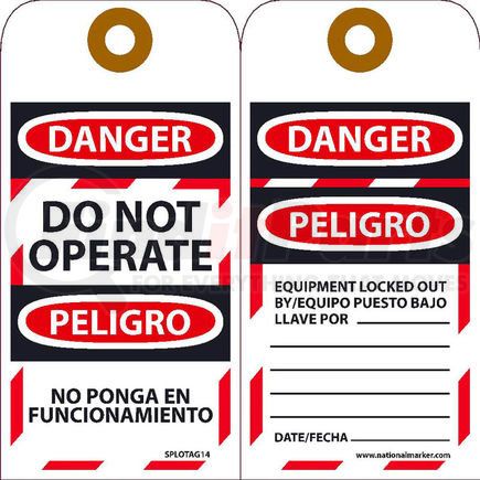 SPLOTAG14 by NATIONAL MARKER COMPANY - Bilingual Lockout Tags - Do Not Operate Equipment Tag-Out