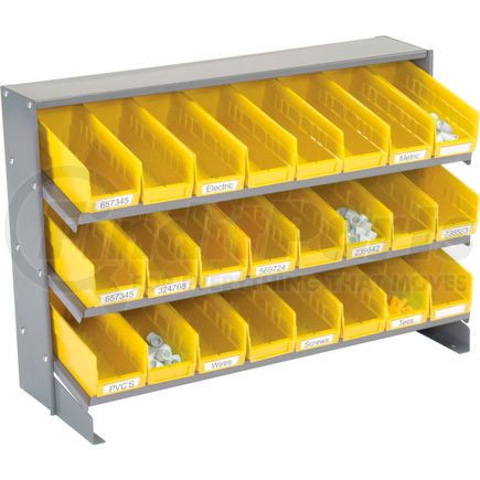 603424YL by GLOBAL INDUSTRIAL - Global Industrial&#153; 3 Shelf Bench Pick Rack - 24 Yellow Plastic Shelf Bins 4 Inch Wide 33x12x21