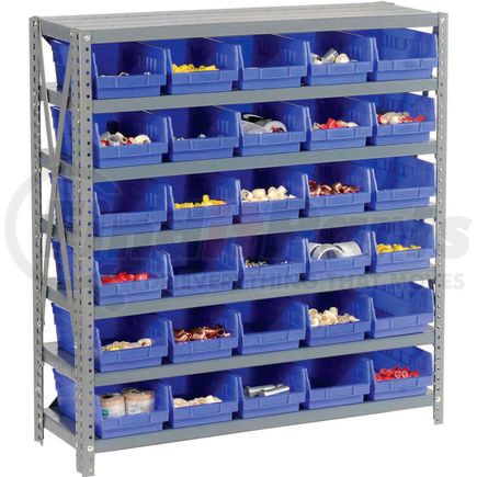 603435BL by GLOBAL INDUSTRIAL - Global Industrial&#153; Steel Shelving with 30 4"H Plastic Shelf Bins Blue, 36x18x39-7 Shelves