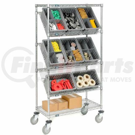 268999GY by GLOBAL INDUSTRIAL - Global Industrial&#153; Easy Access Slant Shelf Wire Cart 12 3-1/2"H Grid Containers Gray 36x18x63