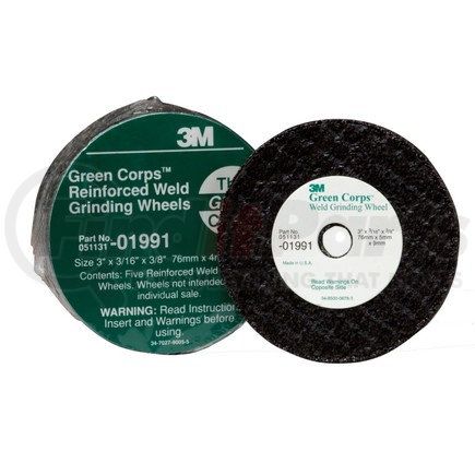 3M 01991 Green Corps™ Reinforced Weld Grinding Wheel, 3 in x 3/16 in x 3/8 in, 5 wheels per pack, 10 packs per case