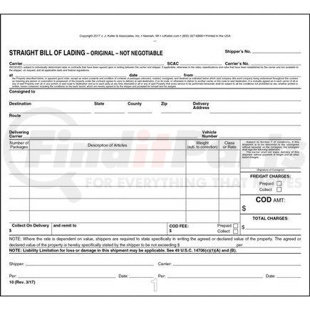 10 by JJ KELLER - Straight Bill of Lading - Short Form - Snap-out, 3-ply, carbon, 8.5" x 7.75" (0.75" top tear-off)