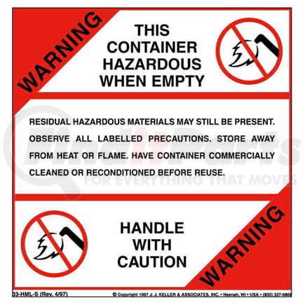 1051 by JJ KELLER - Warning - This Container Hazardous When Empty Package Marking - Sheeted label