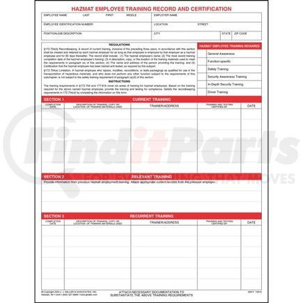 10616 by JJ KELLER - Hazmat Employee Training Record & Certification Form