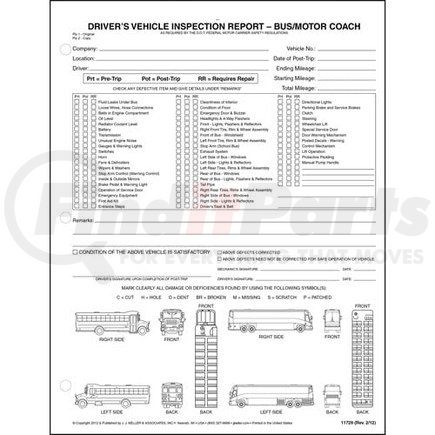 11729 by JJ KELLER - Detailed Driver's Vehicle Inspection Reports w/Illustrations (Bus & Motor Coach), Snap-Out Format - Stock - 2-ply, carbonless, snap-out format, 8-1/2" x 11"