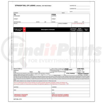 12277 by JJ KELLER - Straight Bill of Lading - Universal Form - 4-ply, carbon, continuous, 9.5" x 11" (0.5" tear-off each side)