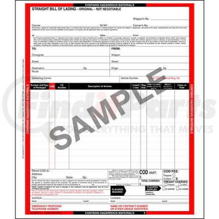 12460 by JJ KELLER - Hazardous Materials Straight Bill of Lading - 4-ply, carbonless, continuous, 9.5" x 11" (0.5" tear-off each side), 12 lines