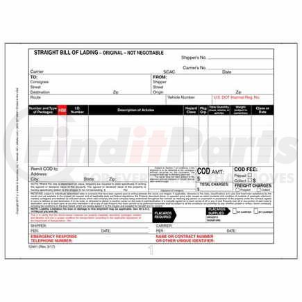 12461 by JJ KELLER - Straight Bill of Lading Form - 3-ply, carbonless, continuous, 9.5" x 7"