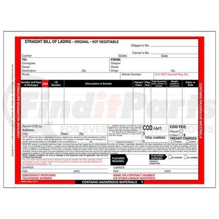 12463 by JJ KELLER - Hazardous Materials Straight Bill of Lading - 4-ply, carbon, continuous, 9.5" x 7" (0.5" tear-off each side), 5 lines