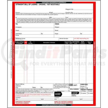 12464 by JJ KELLER - Hazardous Materials Straight Bill of Lading - 3-ply, carbonless, continuous, 9.5" x 11" (0.5" tear-off each side), 12 lines