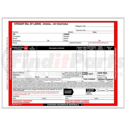 12469 by JJ KELLER - Hazardous Materials Straight Bill of Lading - 3-ply, carbon, continuous, 9.5" x 7" (0.5" tear-off each side), 5 lines