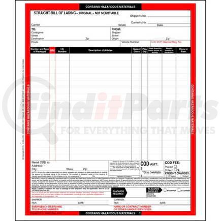 12466 by JJ KELLER - Hazardous Materials Straight Bill of Lading - 3-ply, carbonless, continuous, 9.5" x 11" (0.5" tear-off each side), 16 lines