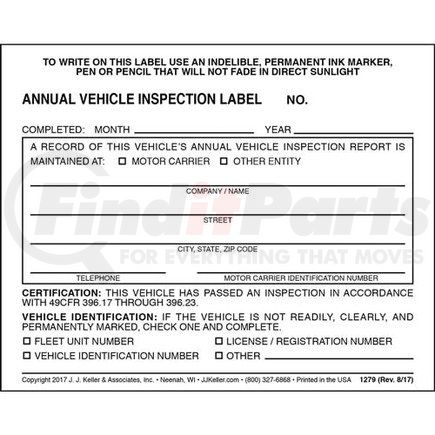 1279 by JJ KELLER - Annual Vehicle Inspection Label - Vinyl w/ Mylar Laminate - Vinyl label with mylar laminate