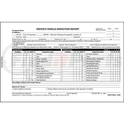 12915 by JJ KELLER - Canadian Driver's Vehicle Inspection Report, 2-Ply, Carbonless - Stock - 2-ply, carbonless, book format, 5-1/2" x 8-1/2"