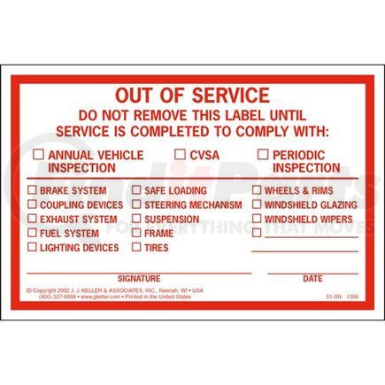 1306 by JJ KELLER - Out of Service Windshield Label - 4" x 6"