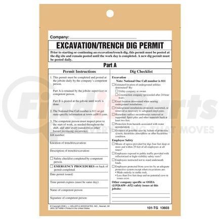 13603 by JJ KELLER - Excavation/Trench Dig Permit - Bundle of 25 tags