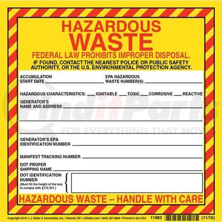 11883 by JJ KELLER - Hazardous Waste Label - Paper, Continuous Format - Paper Label, Continuous Format