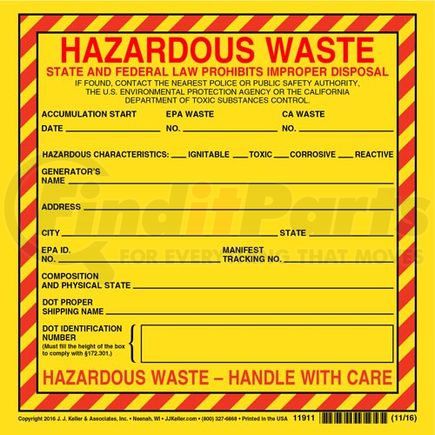 11911 by JJ KELLER - California Hazardous Waste Label - Vinyl, Individual Sheet - Vinyl Label, Sheets