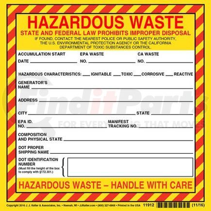 11912 by JJ KELLER - California Hazardous Waste Label - Vinyl, Continuous Format - Vinyl Label, Continuous Format