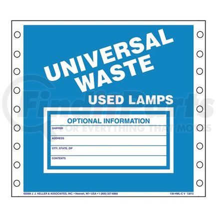 13811 by JJ KELLER - Universal Waste: Used Lamps Labels - Paper, Continuous (Pin-Feed), 500 Labels/Pk, Fanfolded