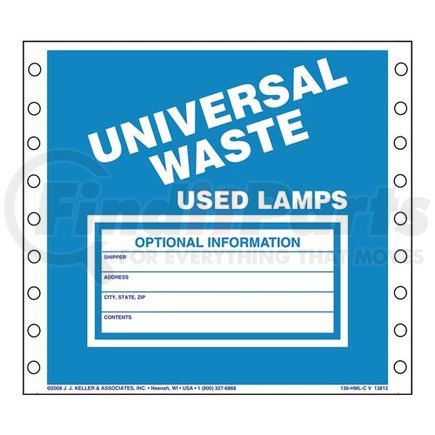 JJ Keller 13811 Universal Waste: Used Lamps Labels - Paper, Continuous (Pin-Feed), 500 Labels/Pk, Fanfolded