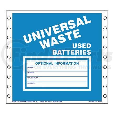 13813 by JJ KELLER - Universal Waste: Used Batteries Labels - Paper, Continuous (Pin-Feed), 500 Labels/Pk, Fanfolded