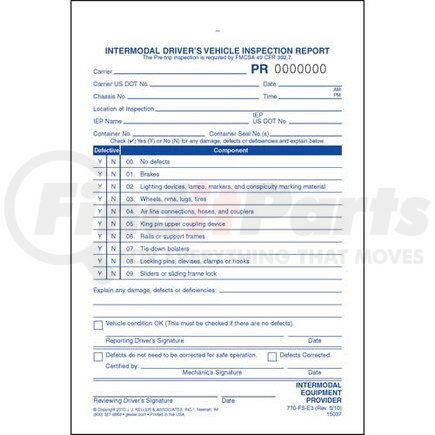 15037 by JJ KELLER - Intermodal Driver's Chassis Inspection Report - Pre-Trip, Snap-Out Format - Stock - 3-ply, carbonless, snap-out format, 5-2/3" x 8-1/2"