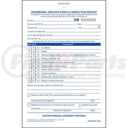 15159 by JJ KELLER - Intermodal Driver's Vehicle Inspection Report, Book Format - Stock - 2-ply, carbonless, book format 5-1/2" x 8-1/2"