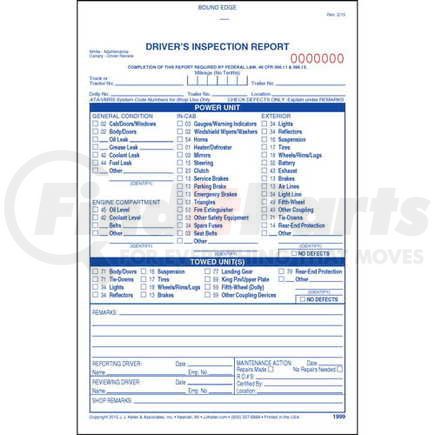 1999 by JJ KELLER - Detailed Driver's Vehicle Inspection Report, 3-Ply, Carbonless, w/Blue Ink - Stock - Book Format, 3-Ply, Carbonless, 31 sets of forms per book