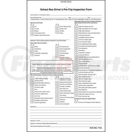 2012 by JJ KELLER - Illinois School Bus Driver's Pre-Trip Inspection Form, Carbonless - Stock - 2-ply, carbonless