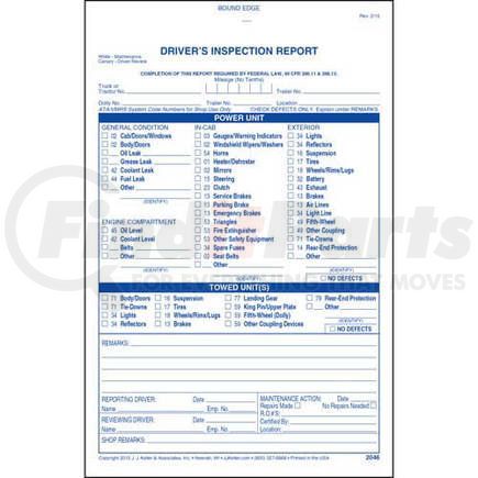 2046 by JJ KELLER - Detailed Driver's Vehicle Inspection Report, 2-Ply, Carbonless, w/Blue Ink - Stock - Book Format, 2-Ply, Carbonless