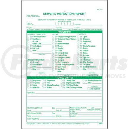 2066 by JJ KELLER - Detailed Driver's Vehicle Inspection Report, w/Carbon, Green Ink, Snap-Out Format - Stock - Snap-Out, 3-Ply, Carbon Interleaf