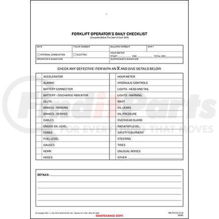 2118 by JJ KELLER - Forklift Operator Daily Checklist - Snap-Out Format, Carbonless - Forklift Operator Daily Checklist