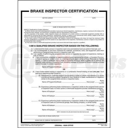 2311 by JJ KELLER - Brake Inspector Certification Form - 2-ply, carbon, 8 1/2" x 11"