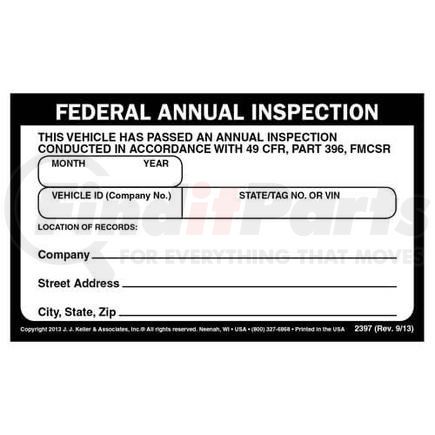 2397 by JJ KELLER - Record of Annual Inspection - Decal - Decal