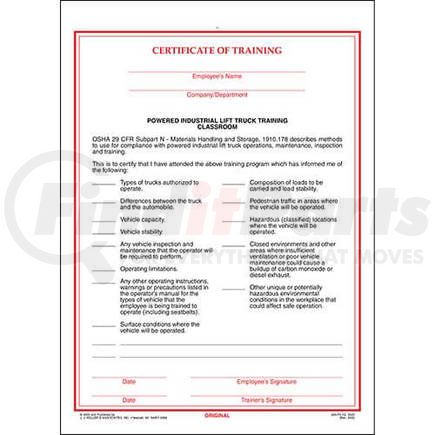 2543 by JJ KELLER - Powered Industrial Lift Truck Training Certificate - Classroom - Certificate of Training - Classroom - English