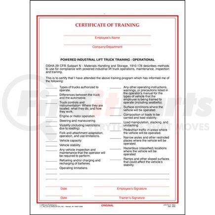 2544 by JJ KELLER - Powered Industrial Lift Truck Training Certificate - Operational - Certificate of Training - Operational - English