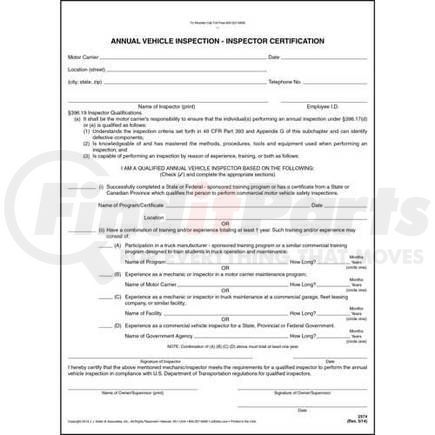 2574 by JJ KELLER - Annual Vehicle Inspection - Inspector Certification Form - Snap-out, carbonless, 8 1/2" W x 11 3/4" L